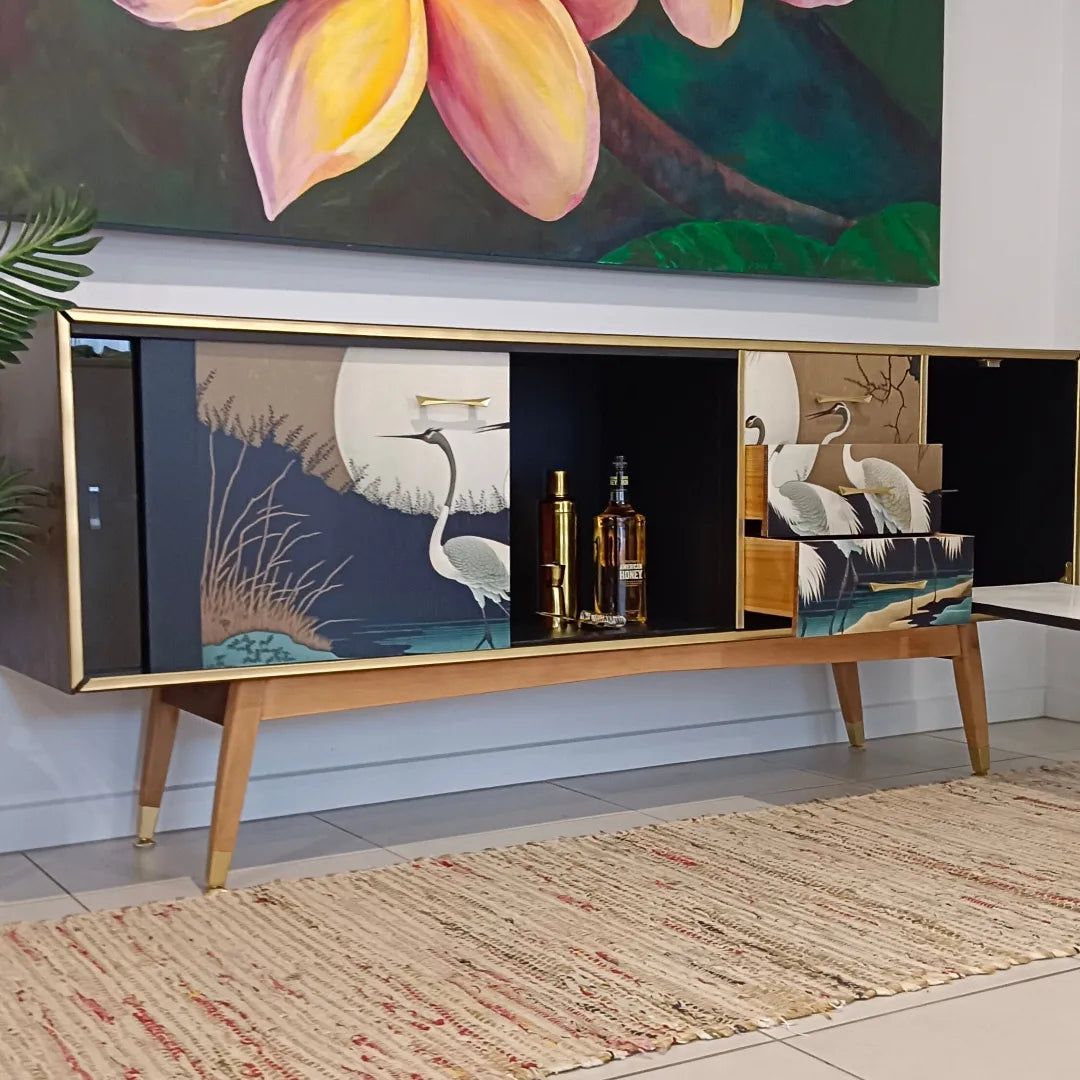 Retro Mid Century Faux Wood Crane Decoupage Sideboard