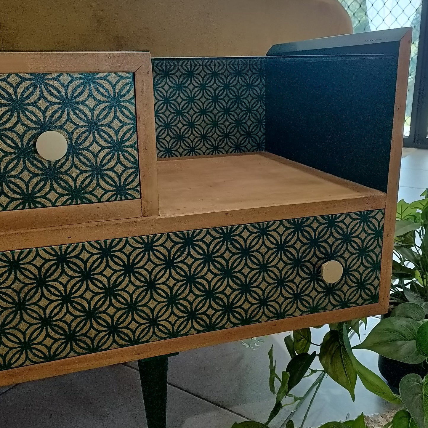 Retro Emerald Green Stencilled Mid Century Modern Drawer Unit