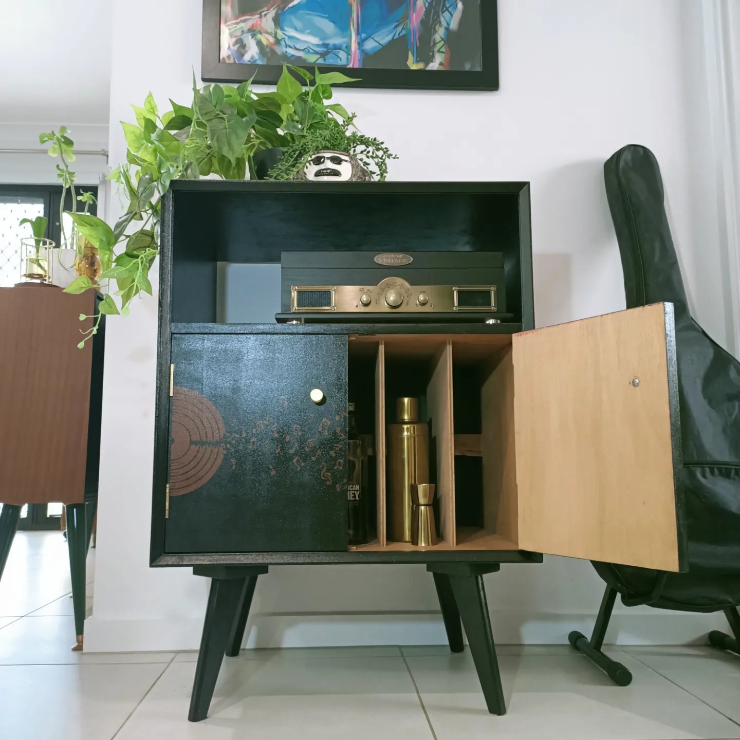 Retro Vintage Mid Century Music Stencil Record Cabinet