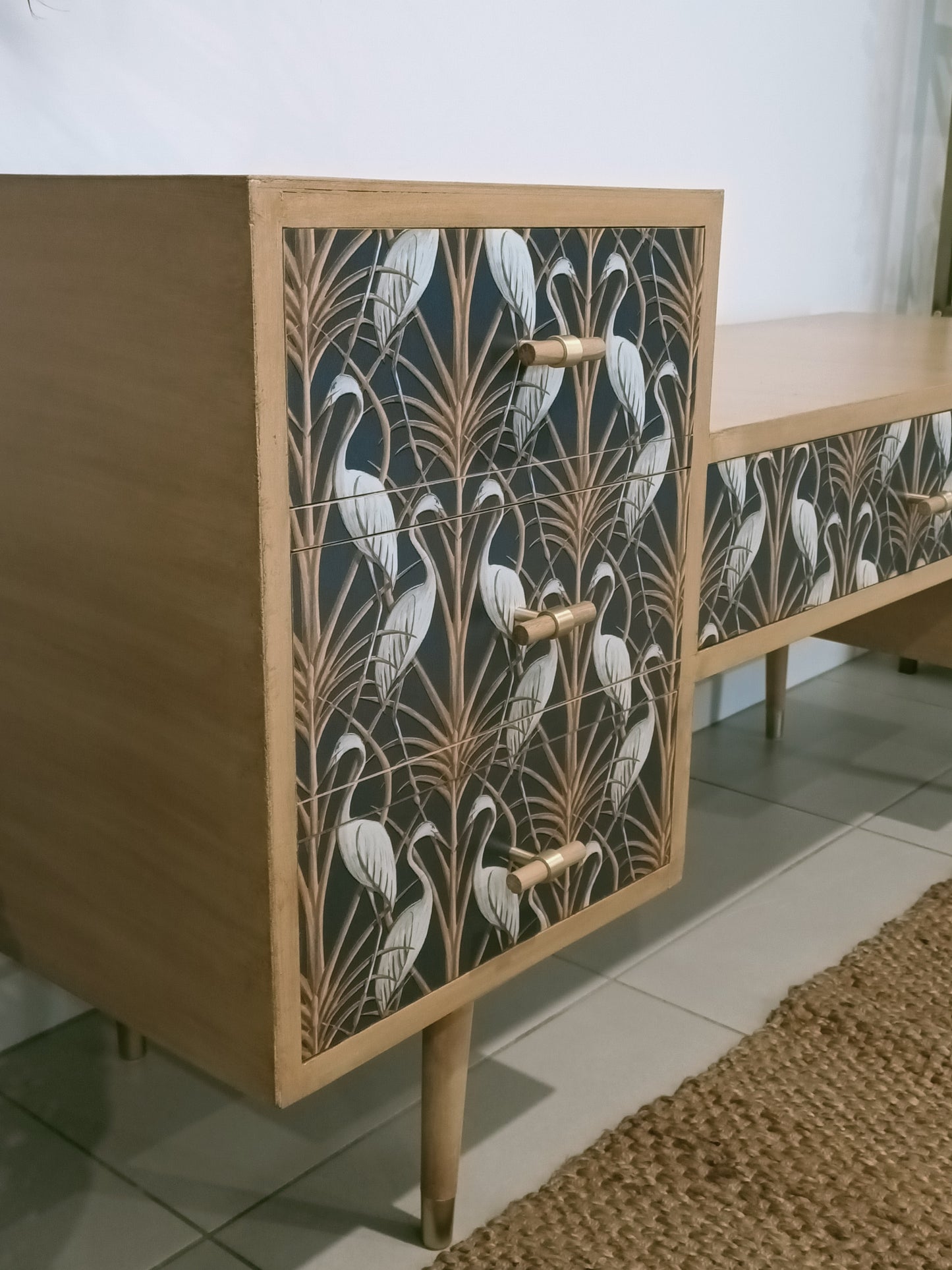 Retro Mid Century Painted Faux Wood and Heron Accent Drawer