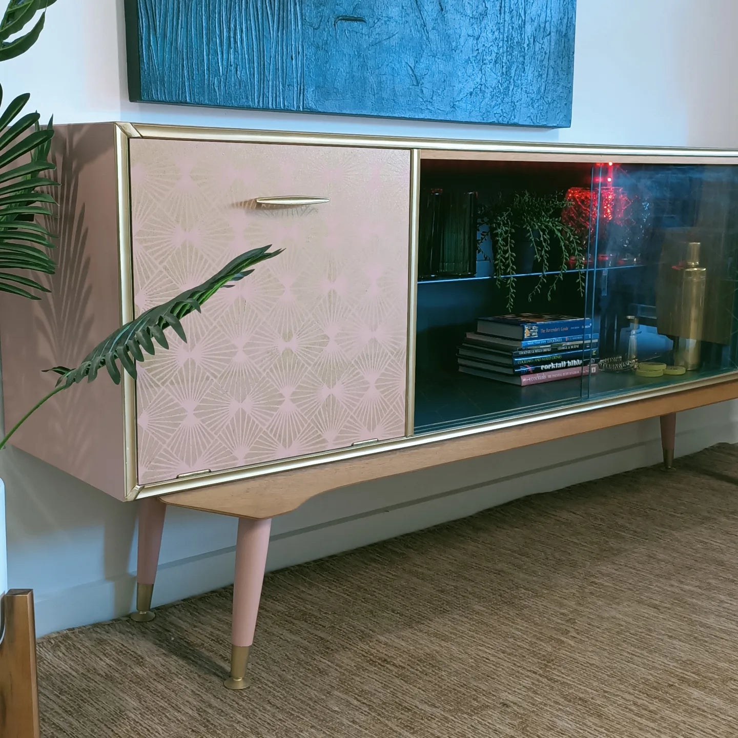Pink and Green Retro Mid Century Modern Drinks / Entertainment Cabinet