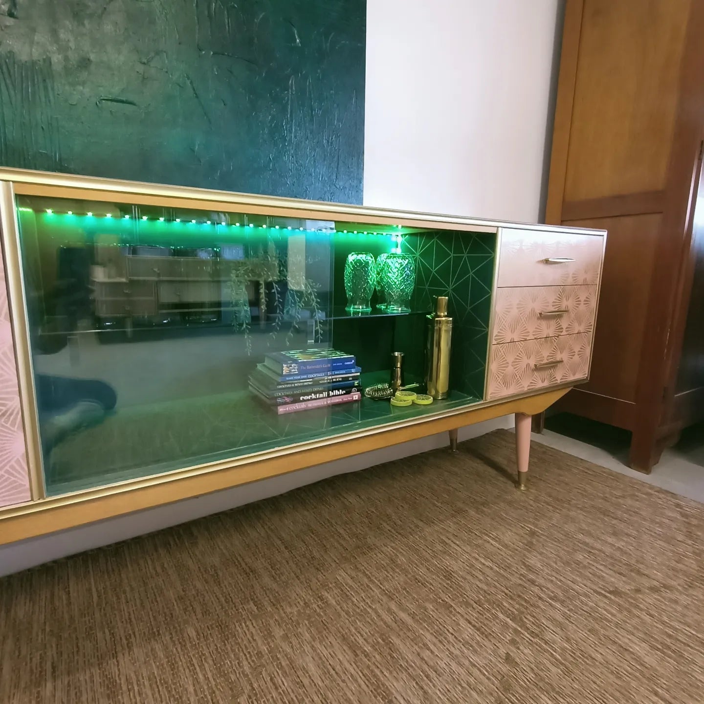Pink and Green Retro Mid Century Modern Drinks / Entertainment Cabinet