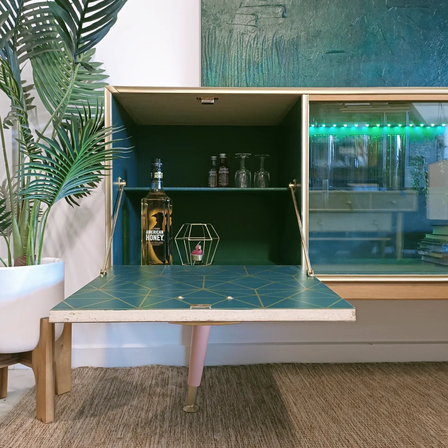 Pink and Green Retro Mid Century Modern Drinks / Entertainment Cabinet