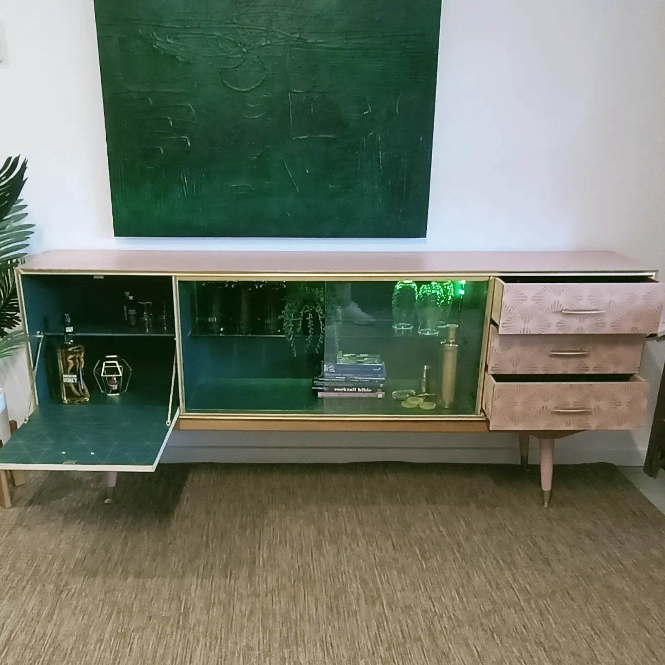 Pink and Green Retro Mid Century Modern Drinks / Entertainment Cabinet