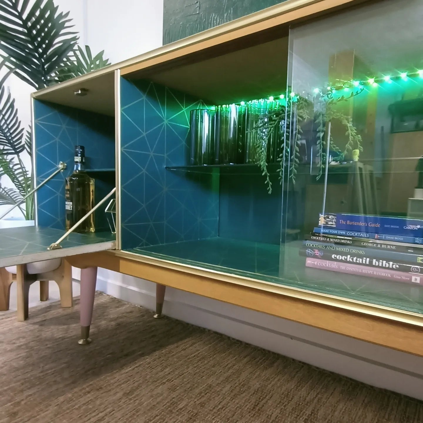 Pink and Green Retro Mid Century Modern Drinks / Entertainment Cabinet
