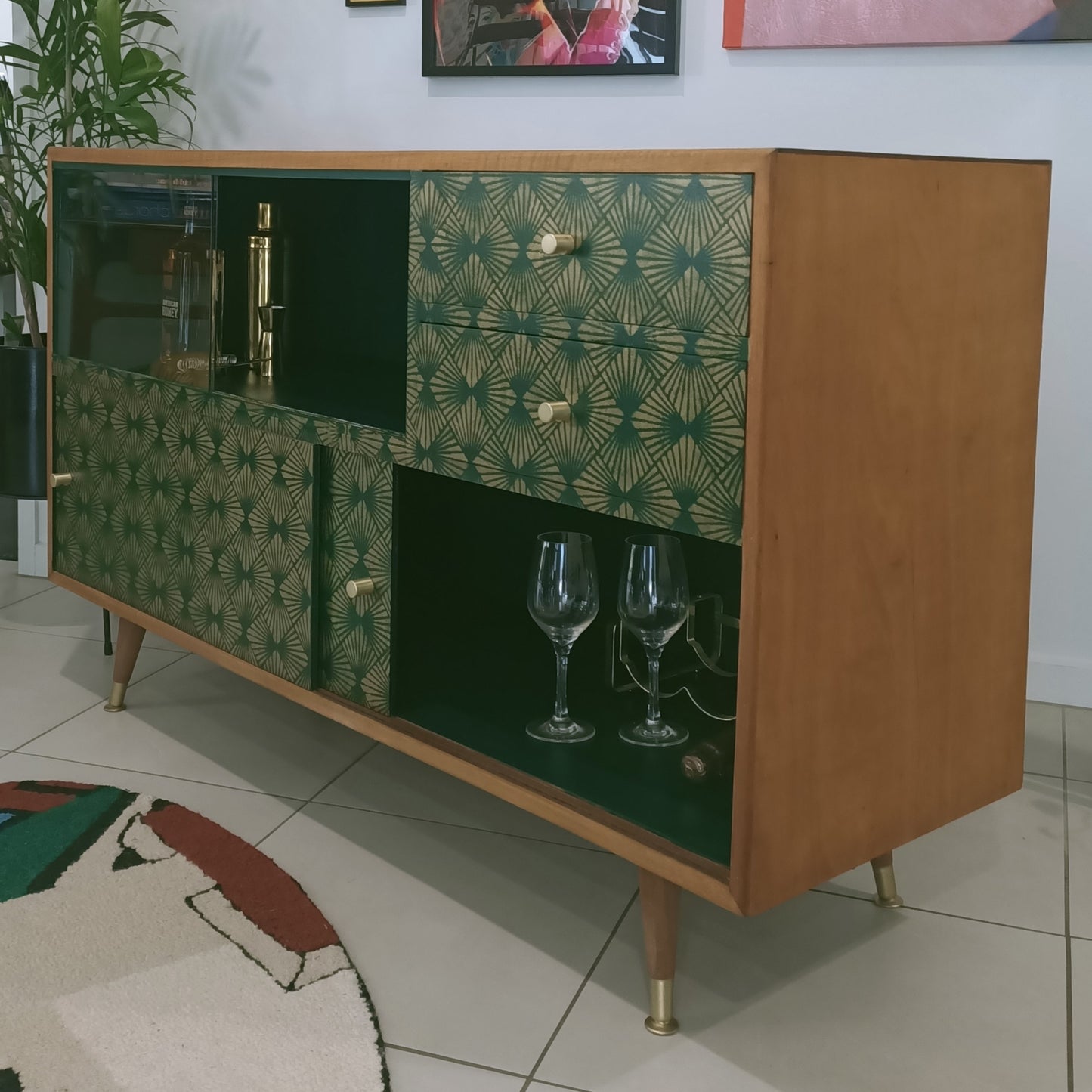 Retro Mid Century Deep Green Stencilled Sideboard