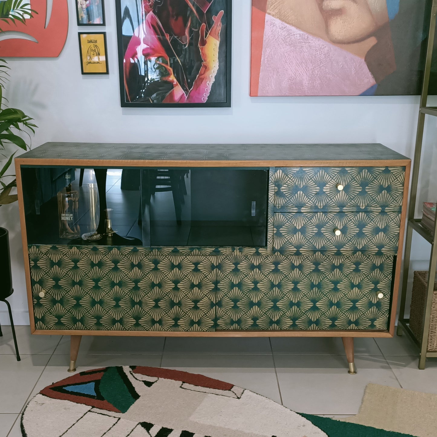 Retro Mid Century Deep Green Stencilled Sideboard