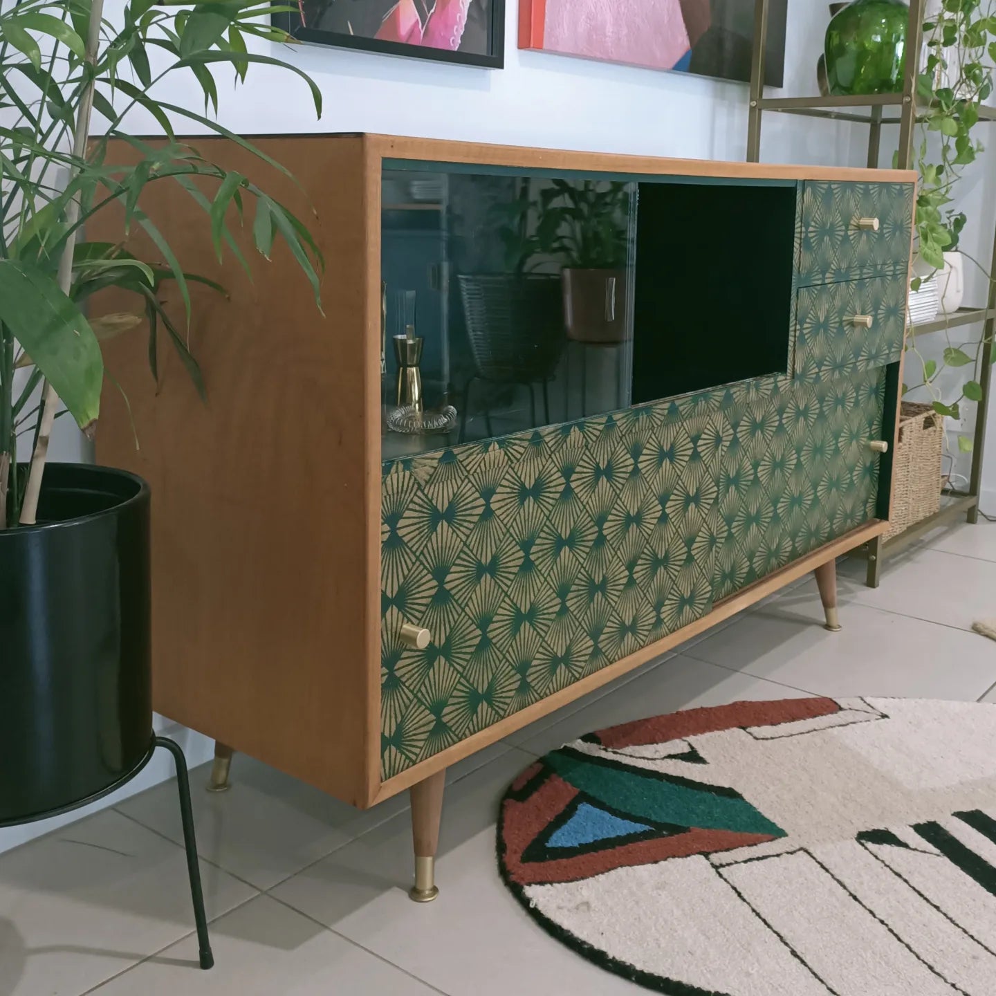 Retro Mid Century Deep Green Stencilled Sideboard