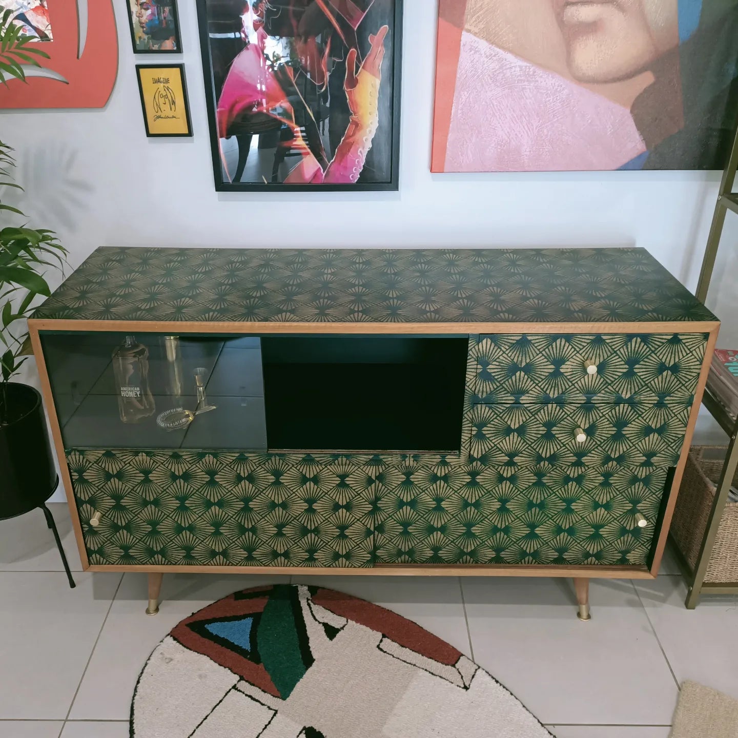 Retro Mid Century Deep Green Stencilled Sideboard