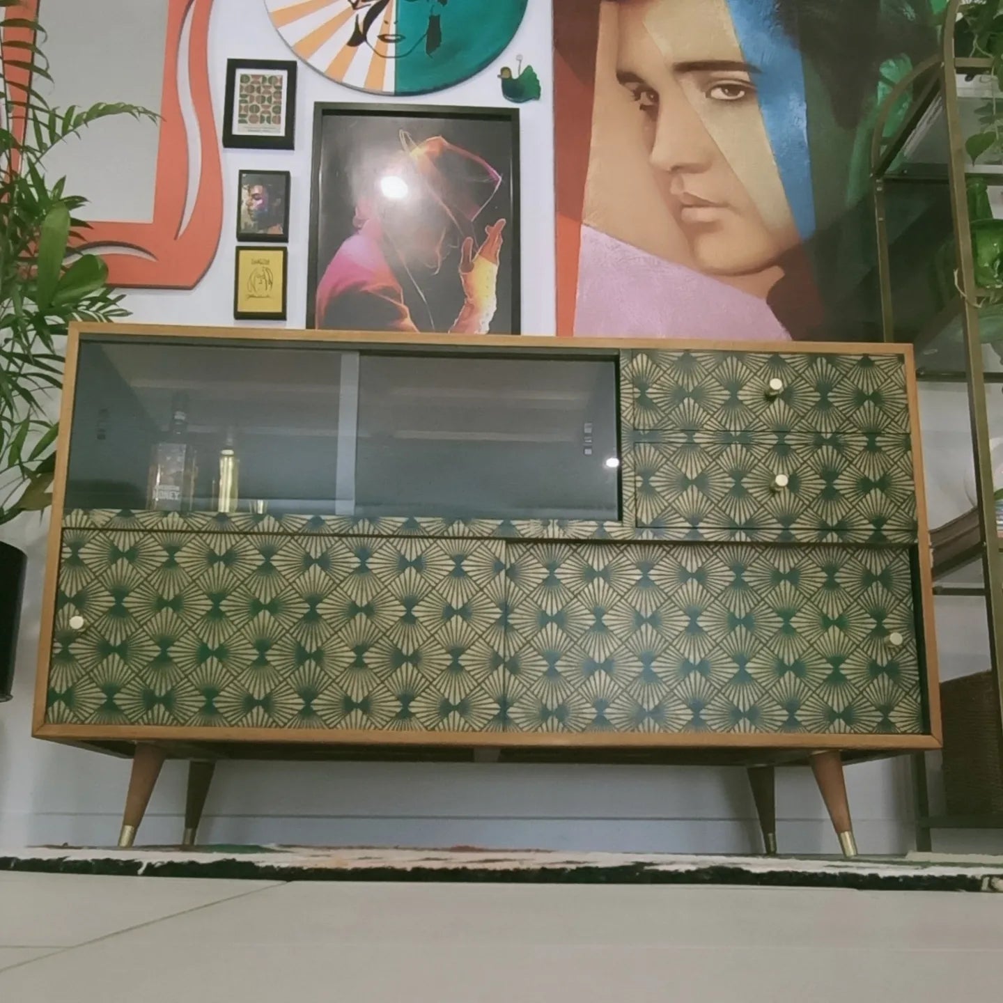 Retro Mid Century Deep Green Stencilled Sideboard