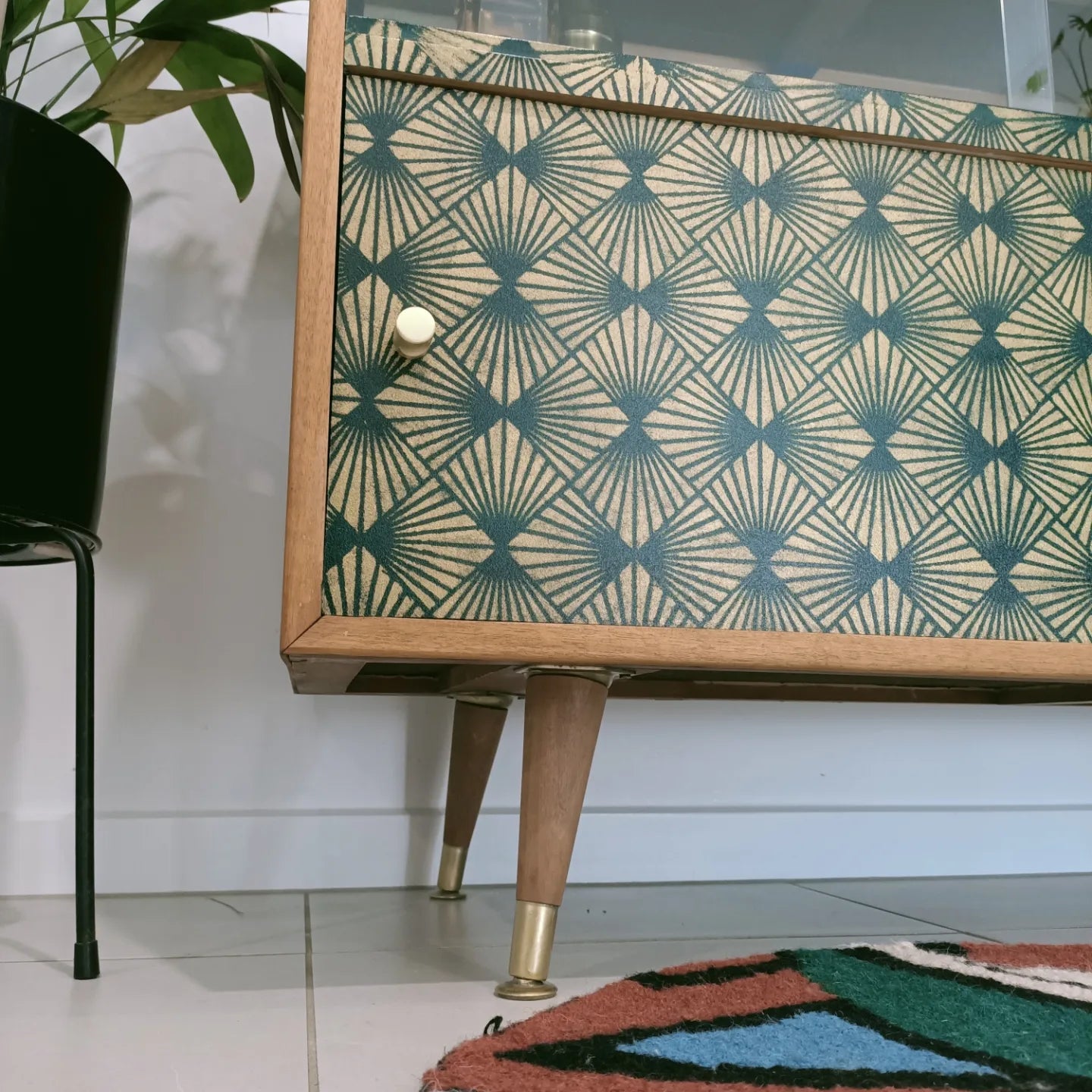 Retro Mid Century Deep Green Stencilled Sideboard