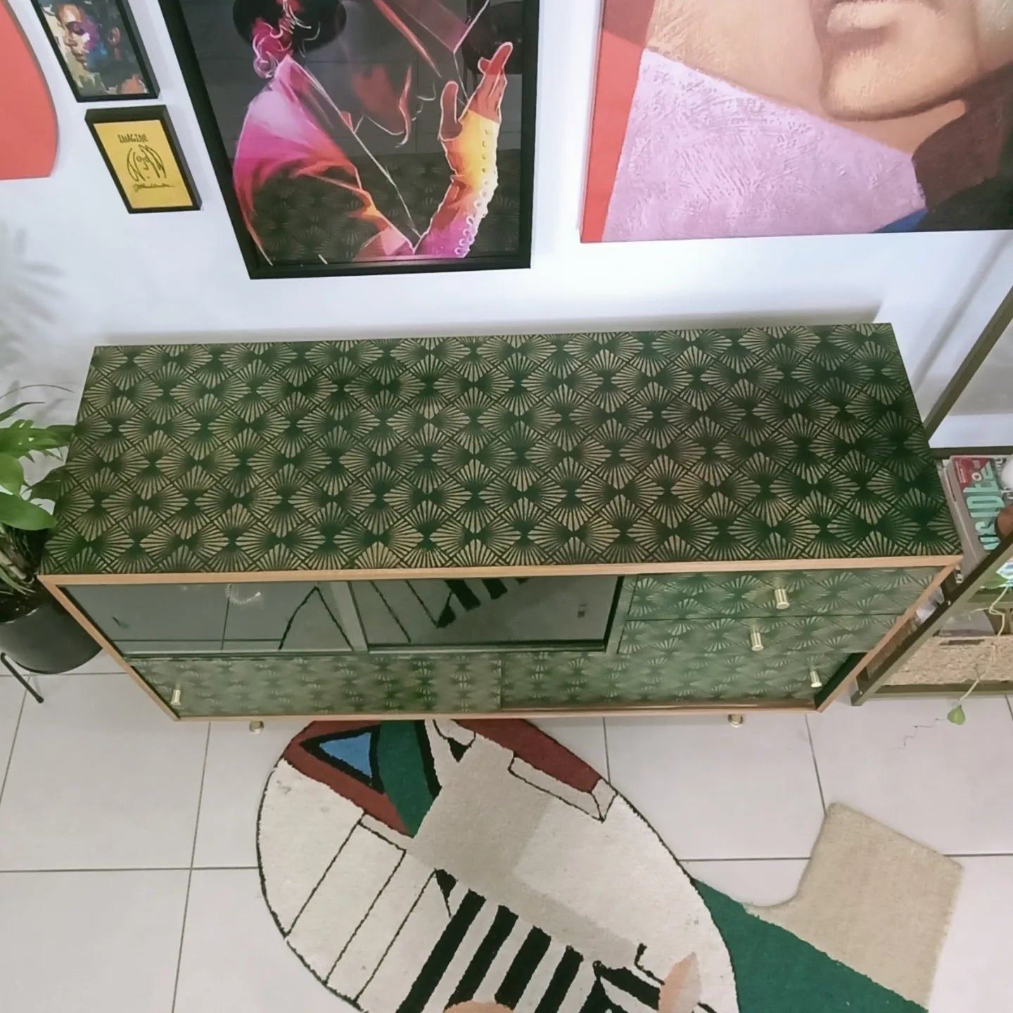 Retro Mid Century Deep Green Stencilled Sideboard
