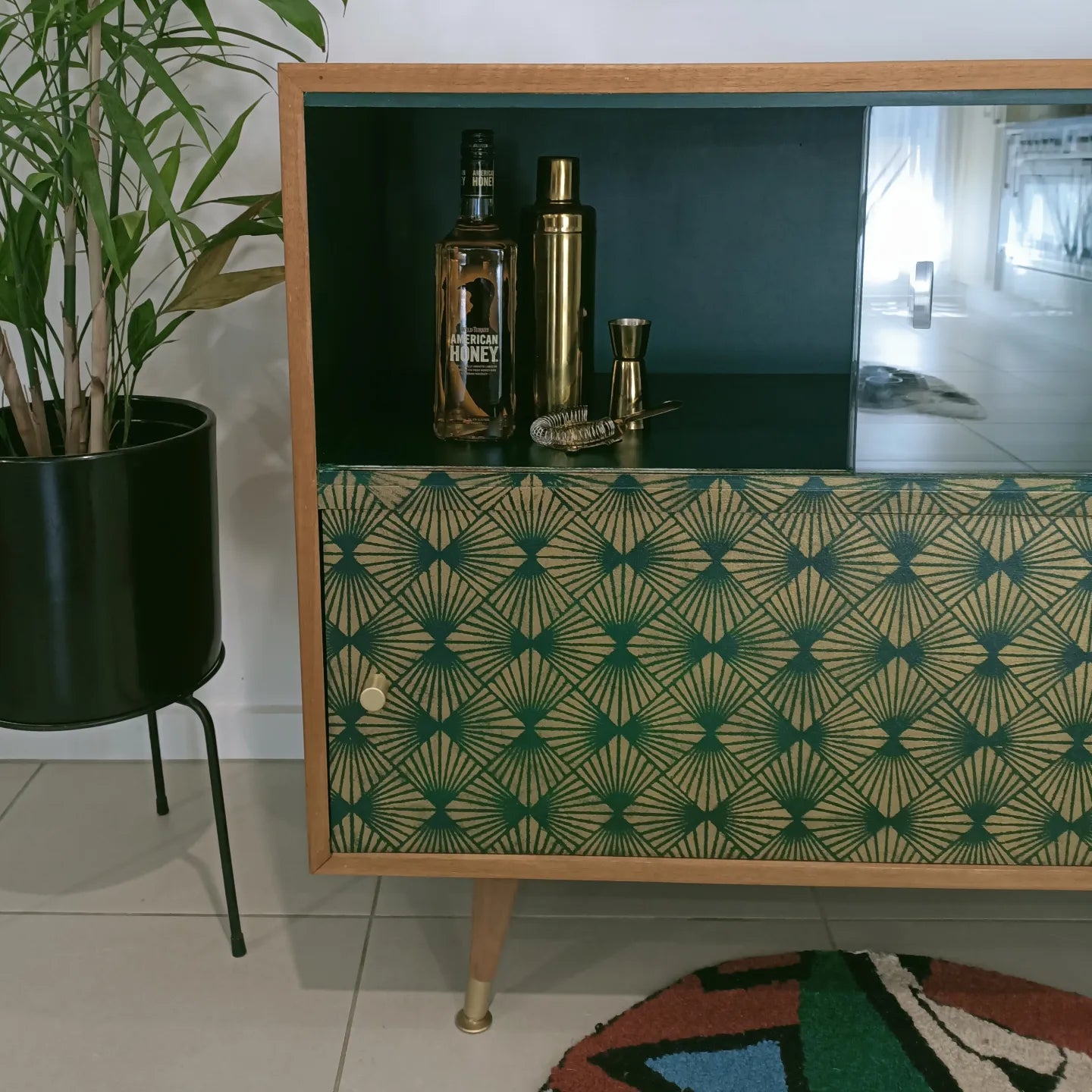Retro Mid Century Deep Green Stencilled Sideboard
