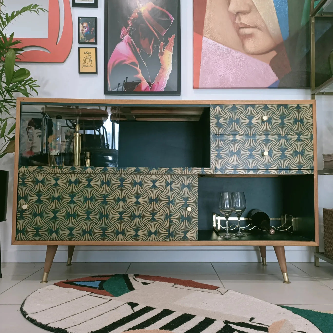 Retro Mid Century Deep Green Stencilled Sideboard