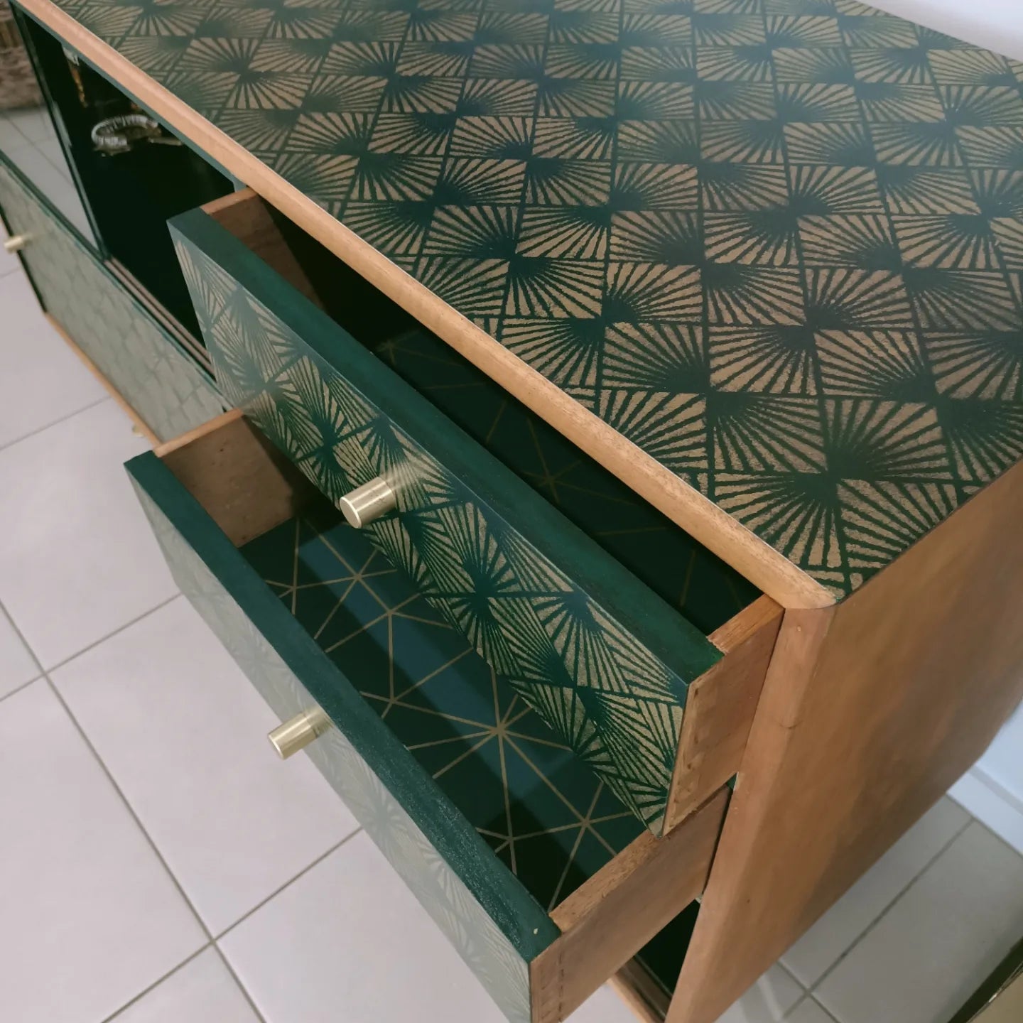 Retro Mid Century Deep Green Stencilled Sideboard