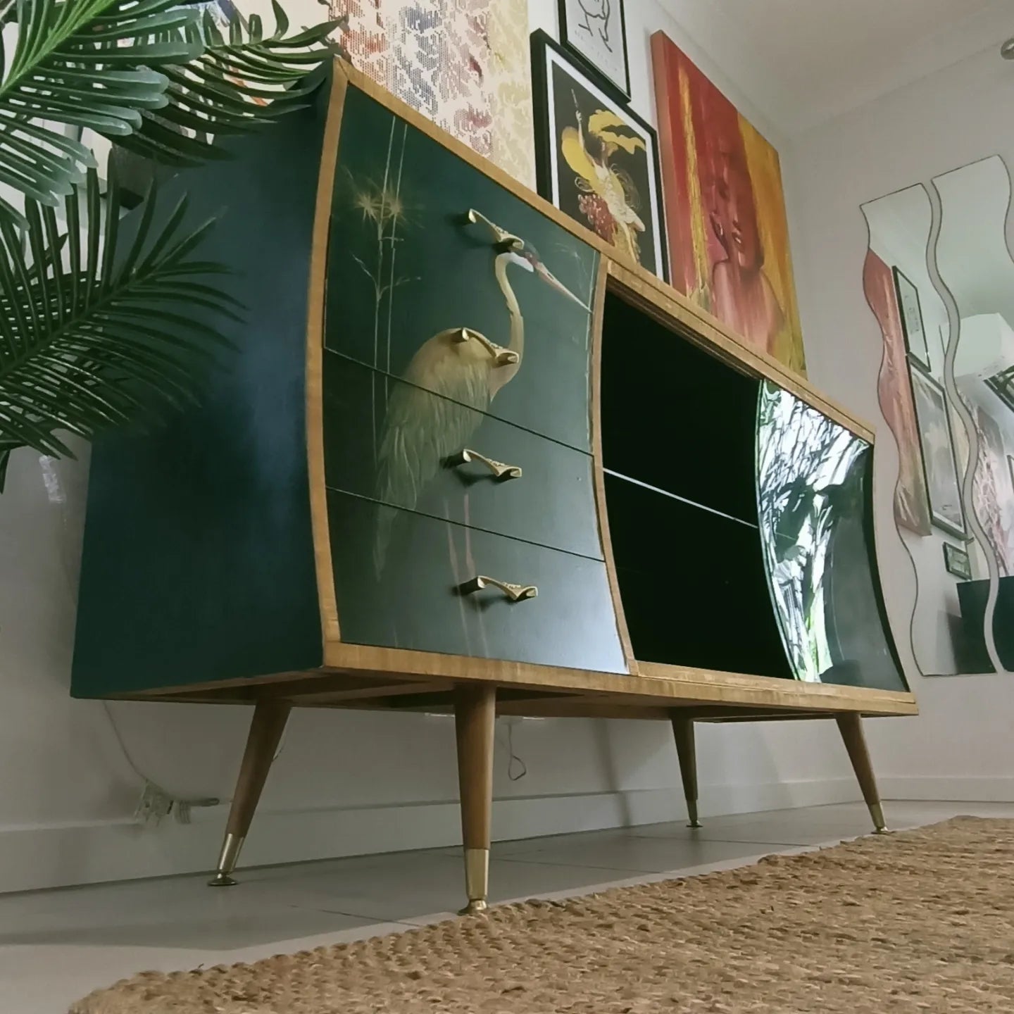 Curved Green Retro Mid Century Sideboard / Cabinet