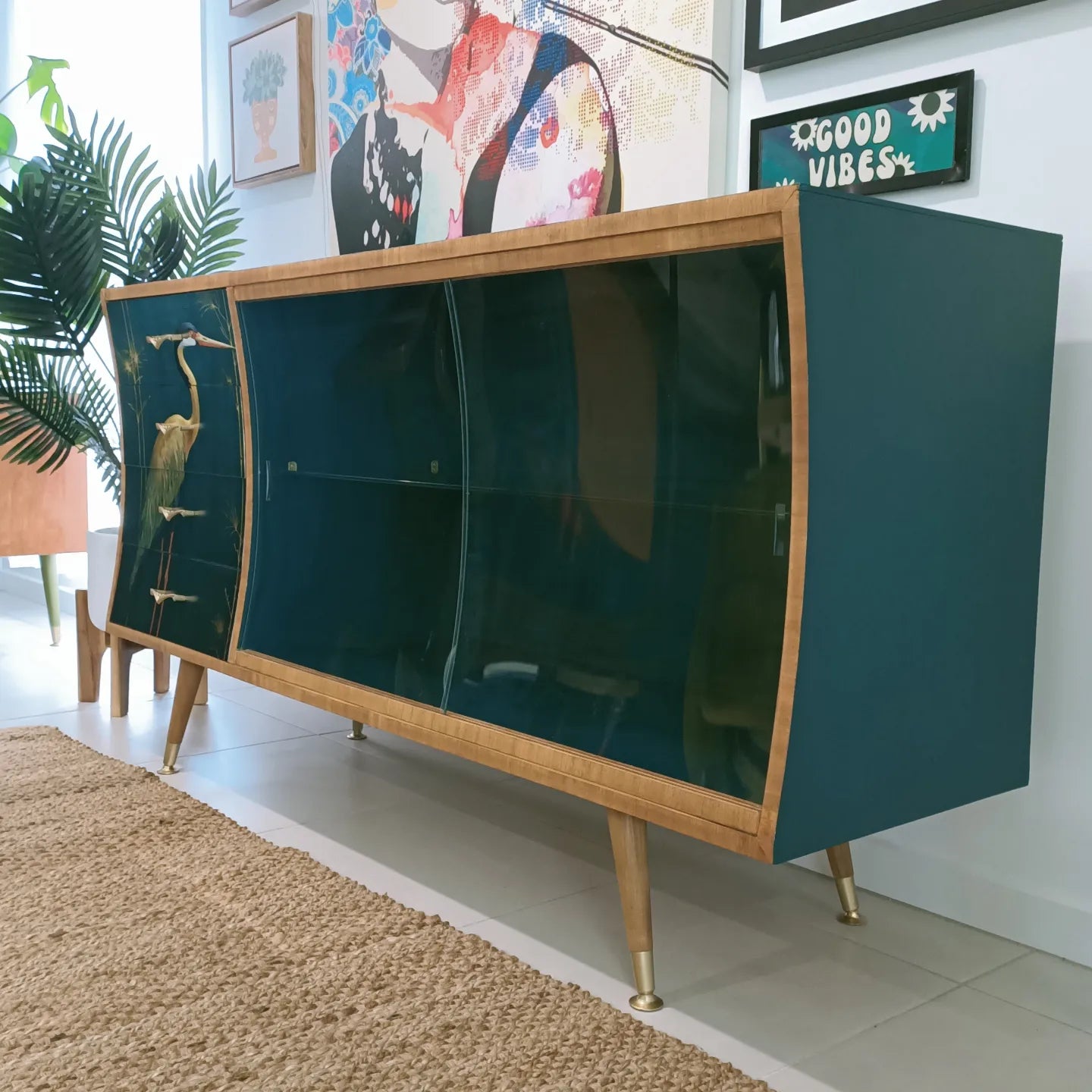 Curved Green Retro Mid Century Sideboard / Cabinet