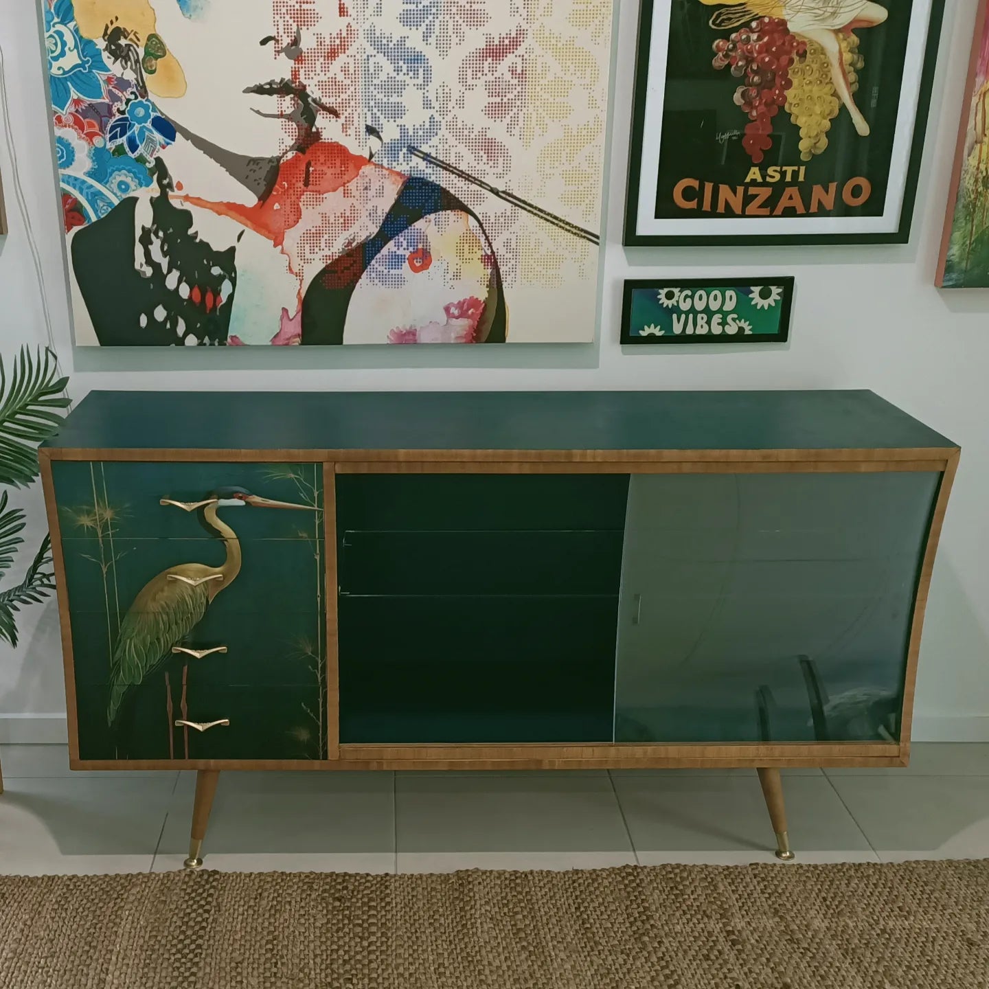 Curved Green Retro Mid Century Sideboard / Cabinet