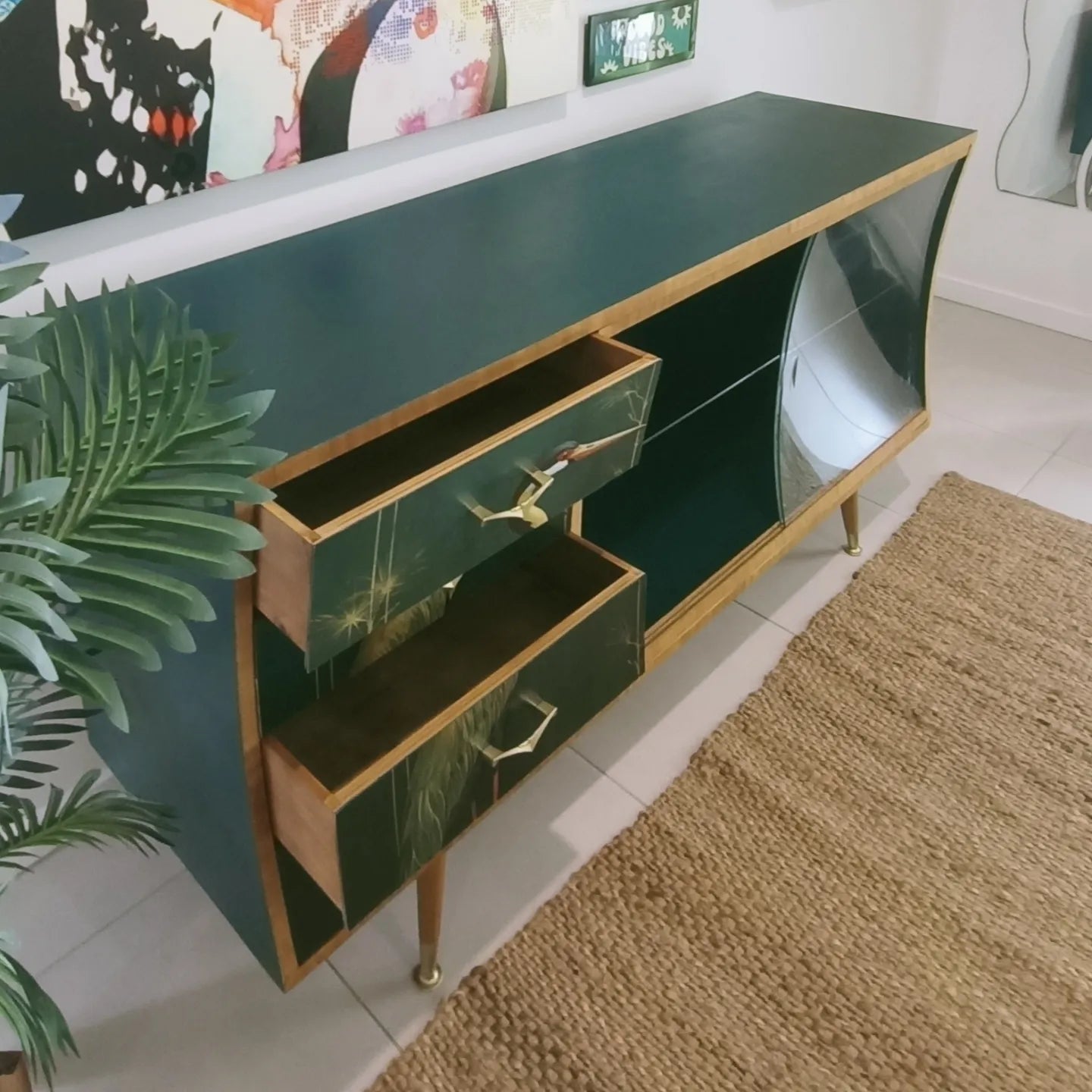 Curved Green Retro Mid Century Sideboard / Cabinet