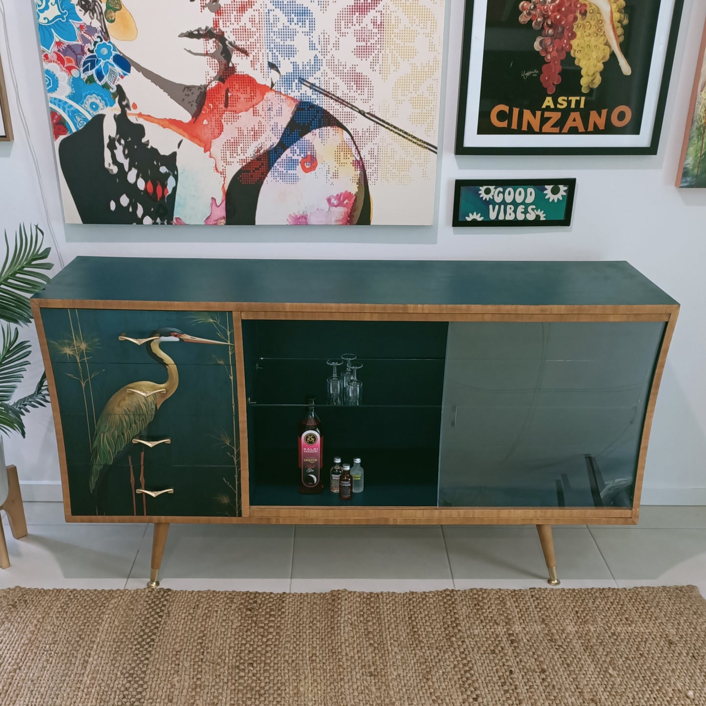 Curved Green Retro Mid Century Sideboard / Cabinet