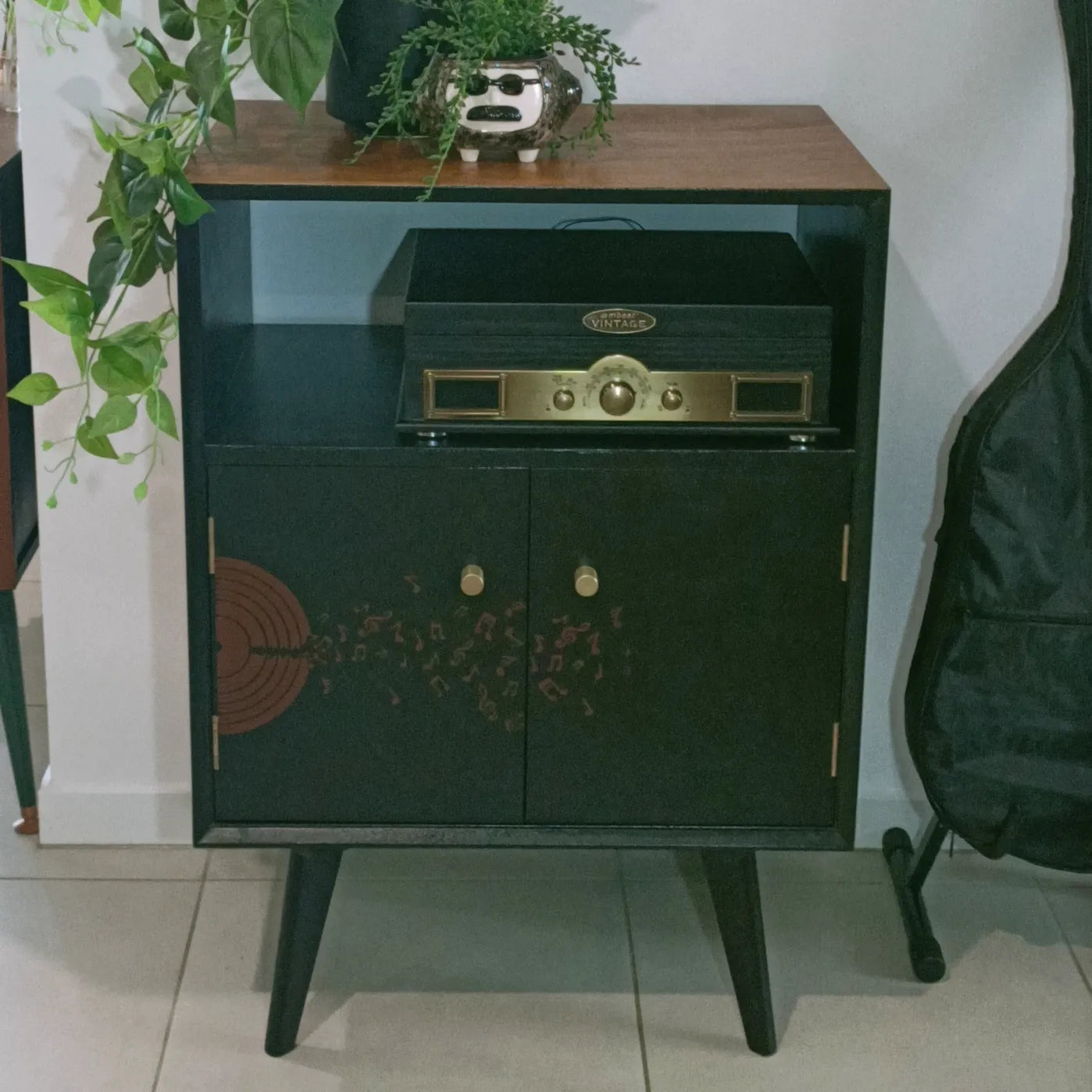Retro Vintage Mid Century Music Stencil Record Cabinet
