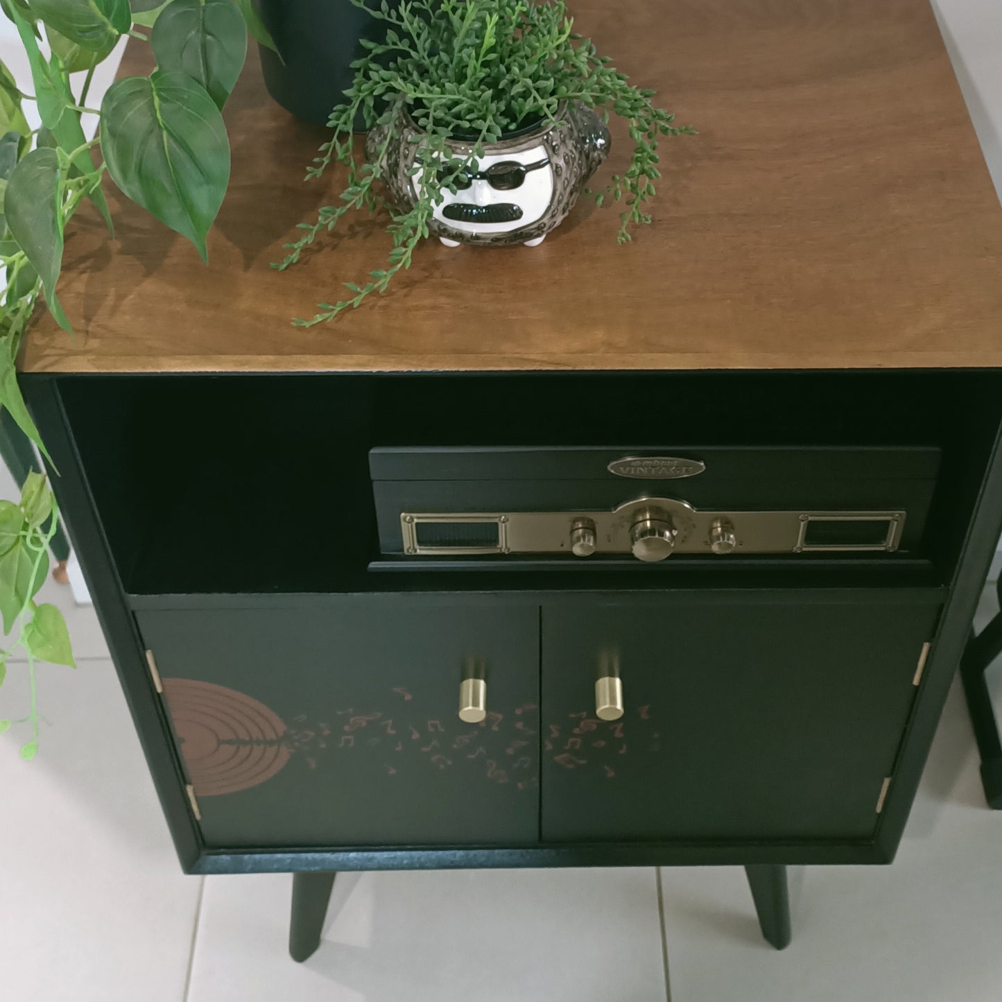 Retro Vintage Mid Century Music Stencil Record Cabinet