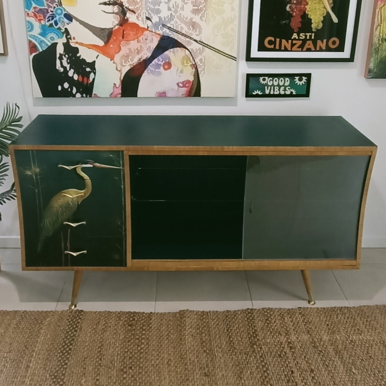 Curved Green Retro Mid Century Sideboard / Cabinet
