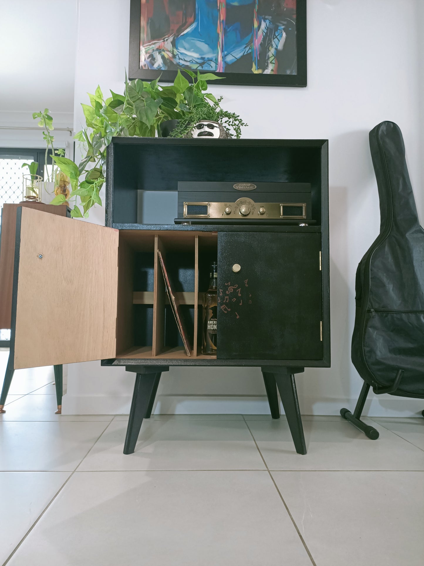 Retro Vintage Mid Century Music Stencil Record Cabinet