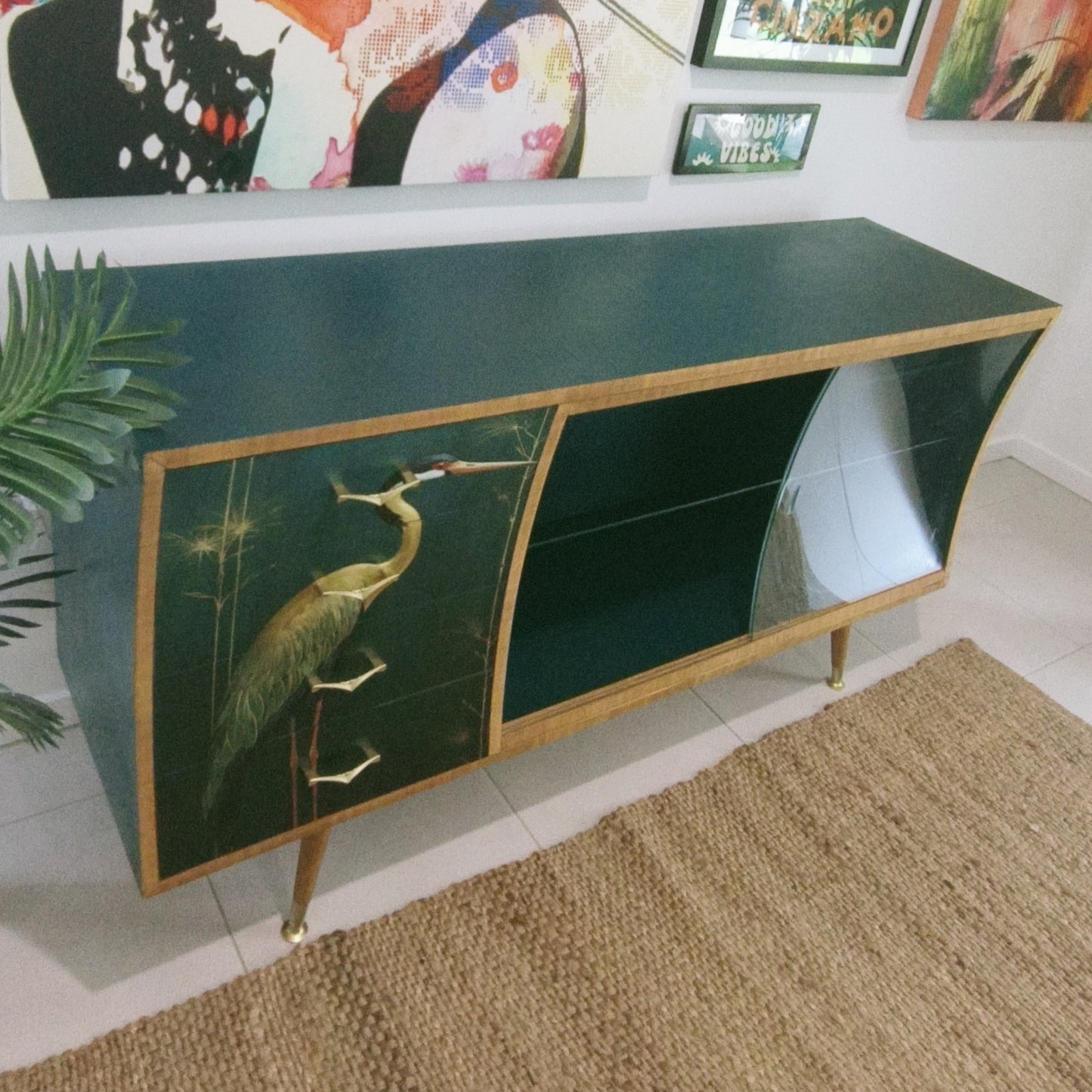 Curved Green Retro Mid Century Sideboard / Cabinet